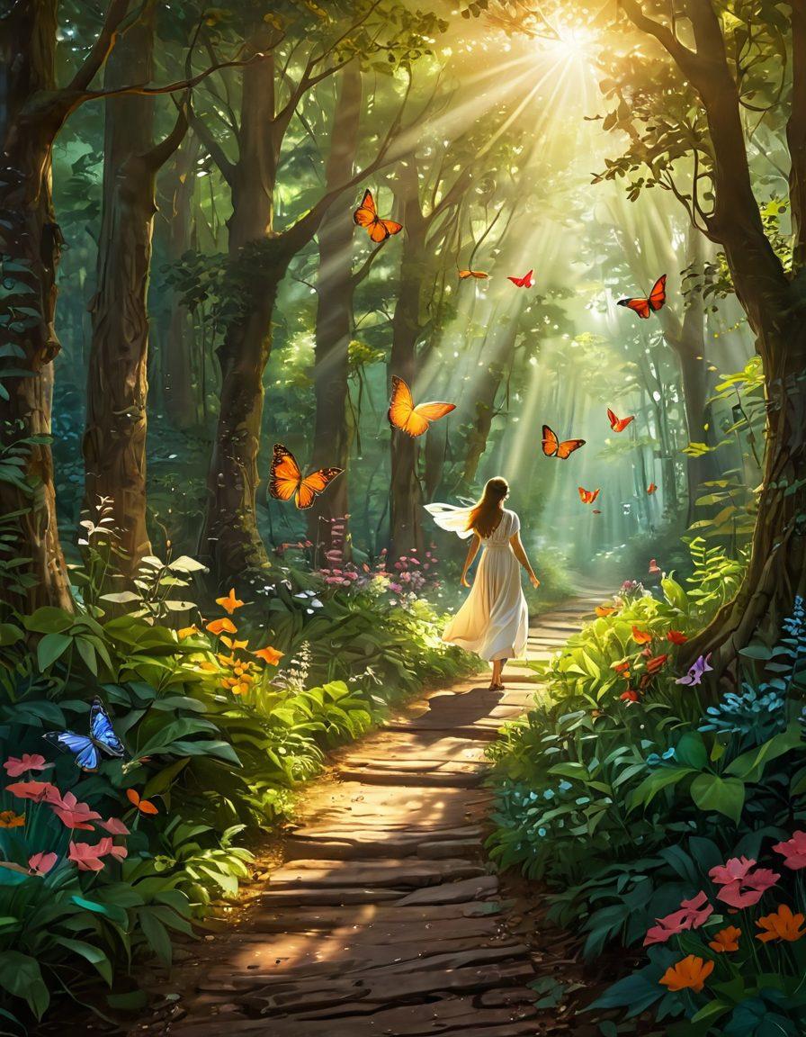 A glowing path winding through a lush forest, symbolizing a journey of healing, with vibrant flowers blooming along the sides. In the background, soft rays of sunlight break through the canopy, illuminating a figure standing triumphantly at the path's end. Include elements of hope, such as butterflies and birds in flight. painterly style. warm colors. ethereal lighting.