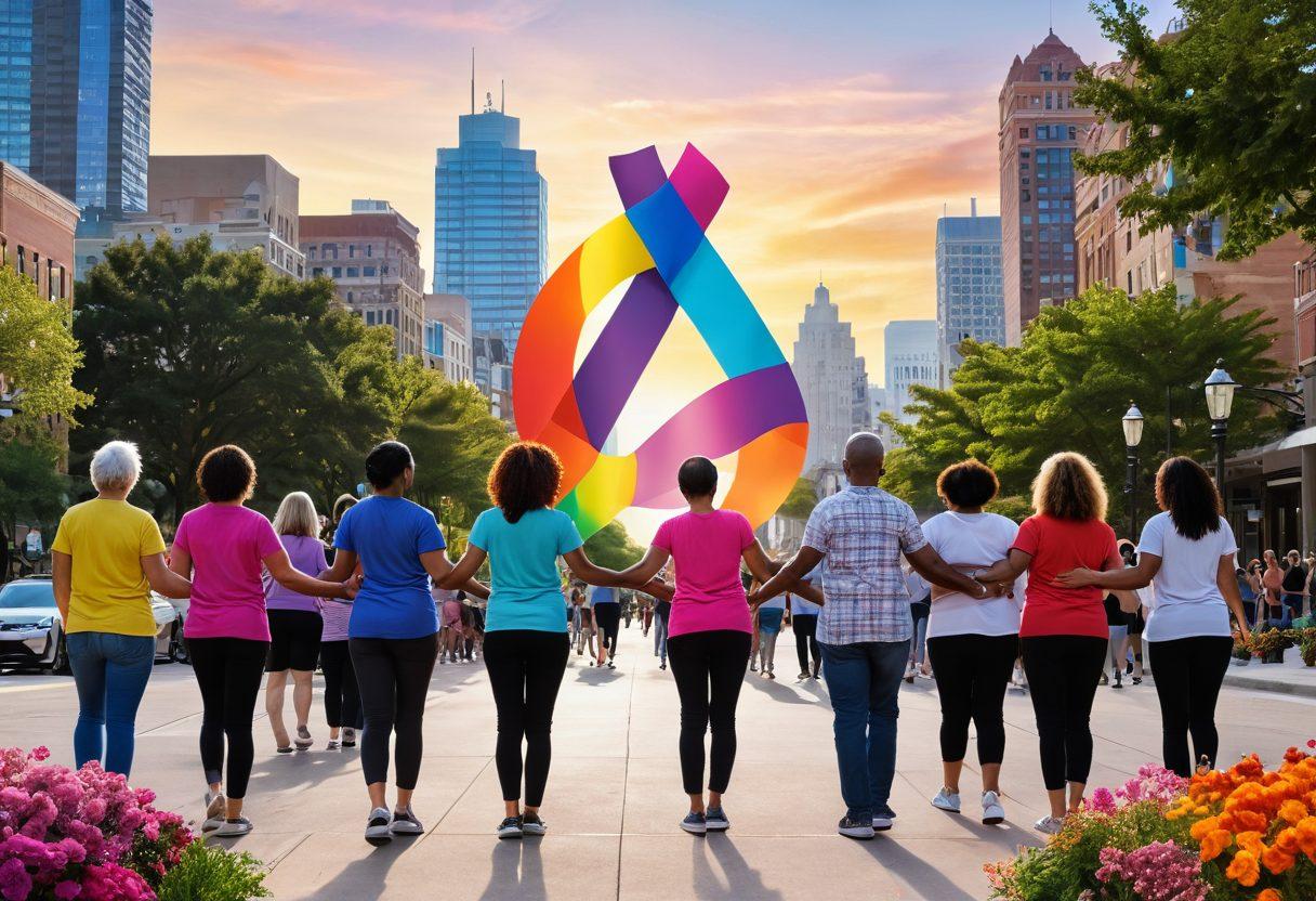 An inspiring community gathering featuring a diverse group of people holding hands around a large awareness ribbon made of colorful flowers. In the background, a vibrant cityscape of Cineapolis is visible, with banners promoting cancer awareness. Half of the scene has a bright sunny day, symbolizing hope, and the other half shows a peaceful sunset, suggesting resilience. Include elements of wellness, like yoga mats and healthy food stalls. vibrant colors. super-realistic. uplifting atmosphere.